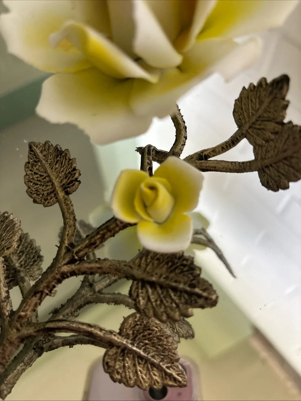 Vintage Yellow Porcelain Rose Accent with Metal Leaves Stand